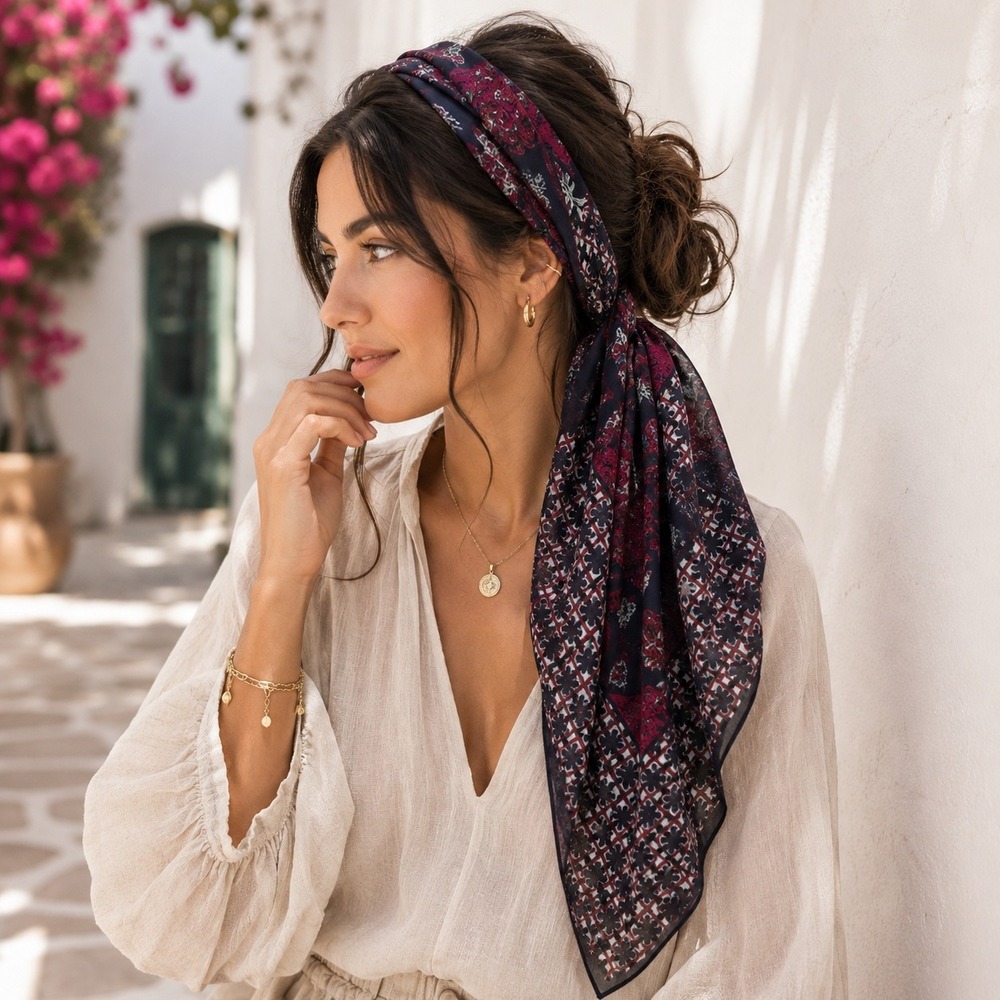 Vince Camuto Boho Floral Geometric Scarf Womens Navy Burgundy Hair Wrap Chic - Picture 1 of 8